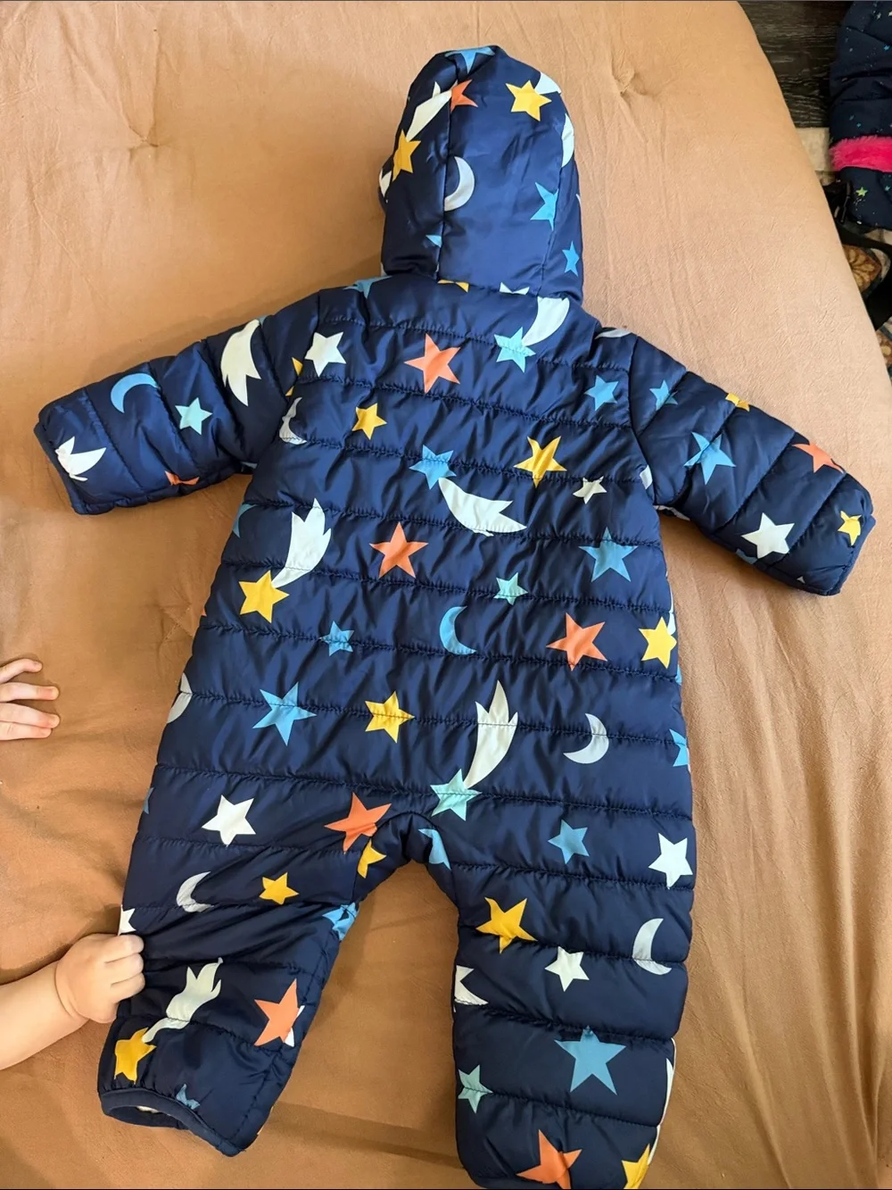 Navy Sherpa-Lined Baby Snow Suit with stars and moons